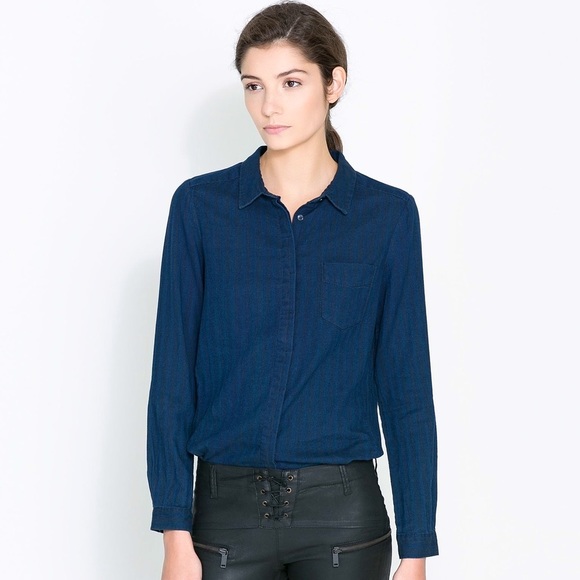 Zara Indigo Stripe Denim Long Sleeve Button Up XS - Picture 2 of 6